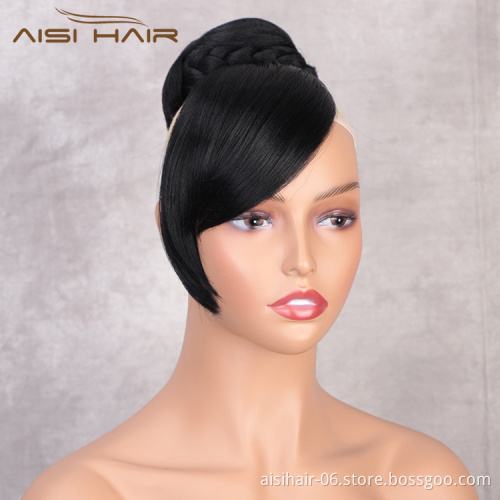 Aisi Hair New Design Natural Straight Black Color Hair Bun With Bangs Silky Straight Synthetic Hair Extension For Black Women